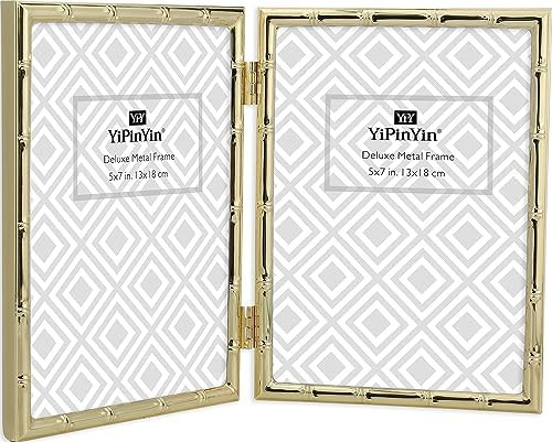 5x7'' Bamboo Detail Double Photo Frames, Gold Metal Picture Frame 7x5'' Double, Elegant Narrow Pr... | Amazon (US)