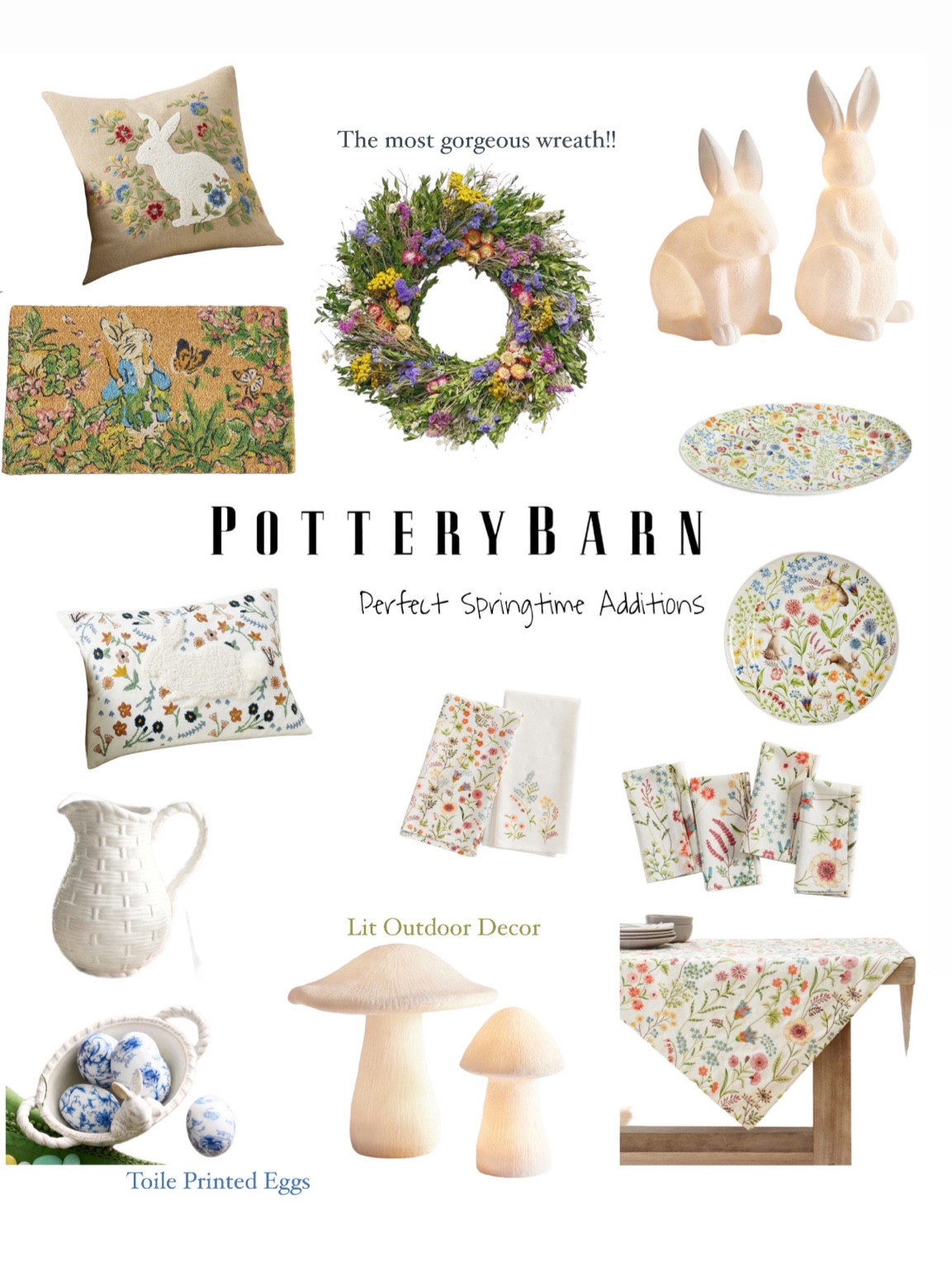Pottery Barn spring Easter additions 
Lit outdoor bunny mushroom statue decor
Table settings floral wreath entry mat painted eggs toile

#LTKSeasonal #LTKhome