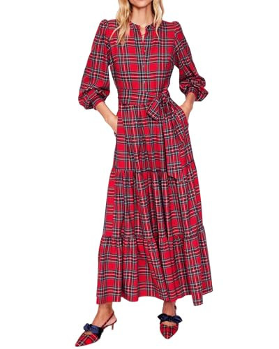 Women's Plaid Maxi Dress Button Up Tiered Ruffle Flowy Check Dresses Chirstmas Tartan Long Dress with Tie Belt | Amazon (US)