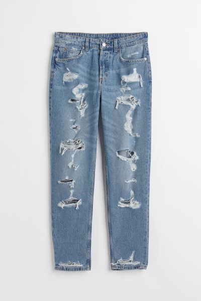 Conscious choice  5-pocket, looser-fit jeans in washed cotton denim with heavily distressed detai... | H&M (US + CA)