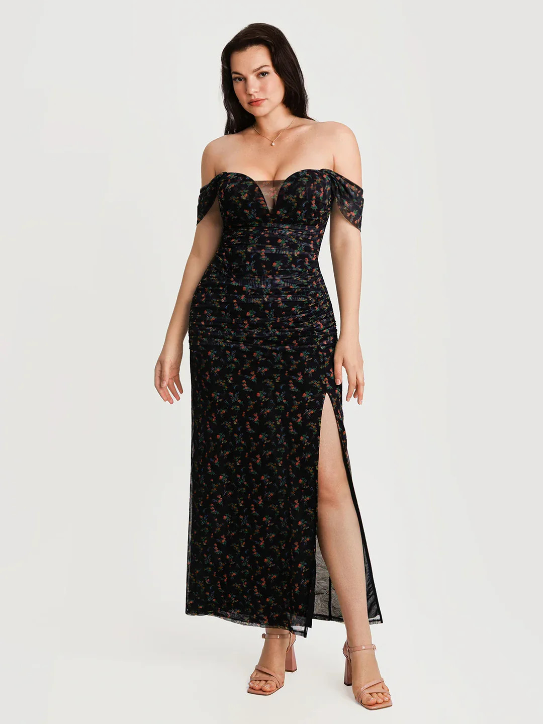 Off-The-Shoulder Sculpting Floral Print Maxi Dress | Popilush