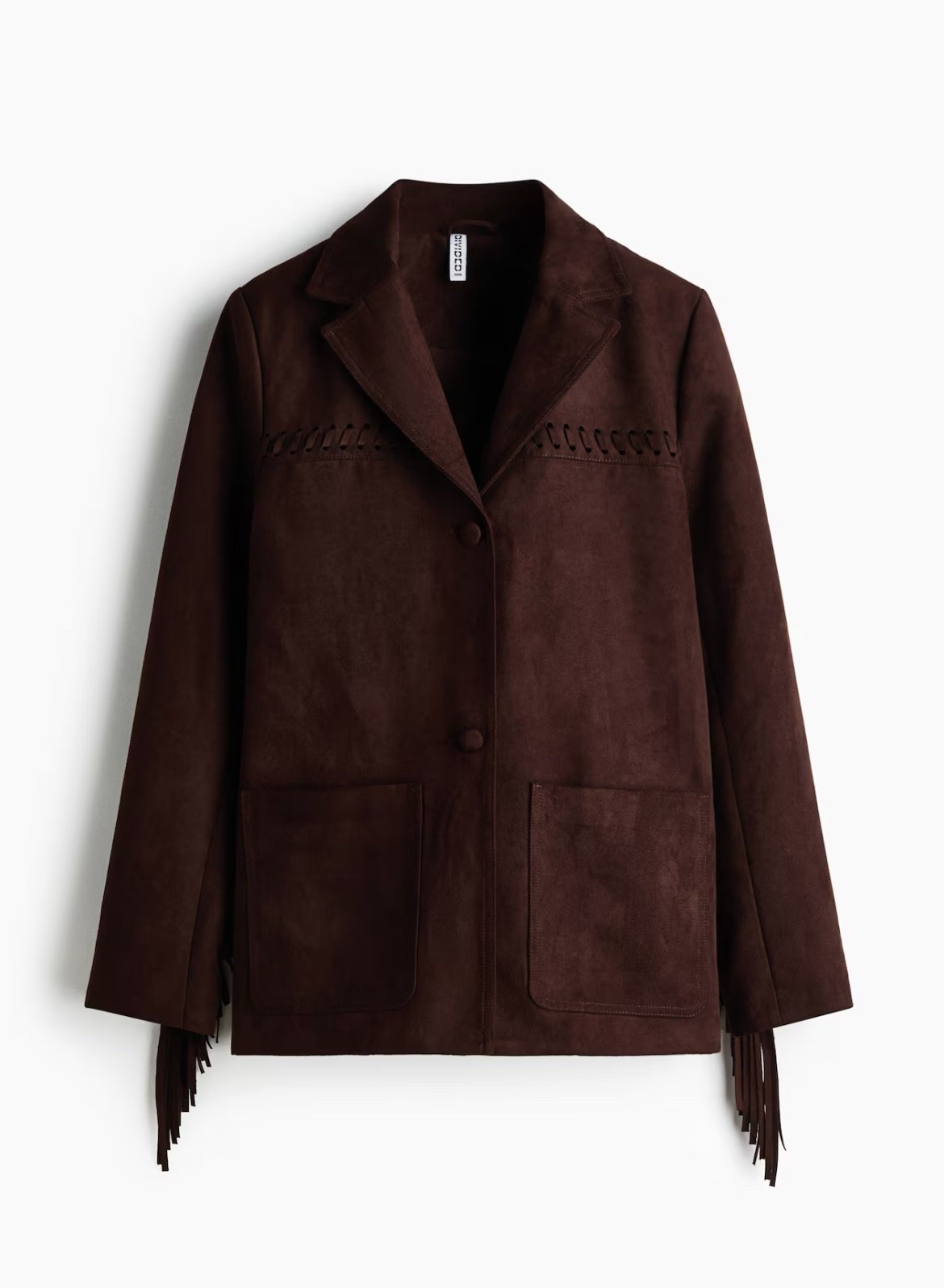 Chocolate brown faux suede fringe jacket 

#LTKSeasonal