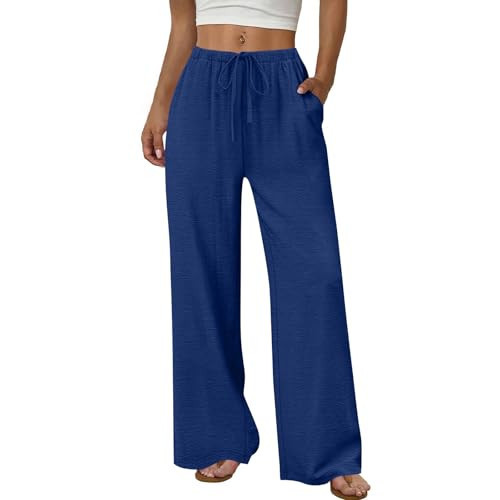 Wide Leg Pants Woman Linen Pants Women Palazzo Beach Vacation Clothes Blue | Amazon (US)