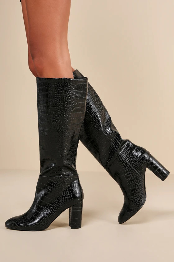 Krafty Black Croc-Embossed Knee-High Boots | Lulus