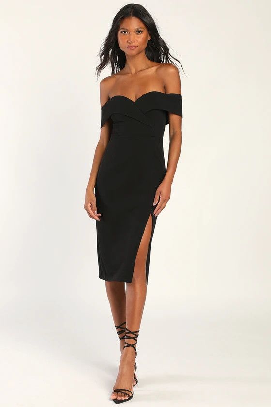 Black Off-the-Shoulder Bodycon Midi Dress | Fall Winter Going Out Outfits Fall Winter Outfit 2023 | Lulus (US)