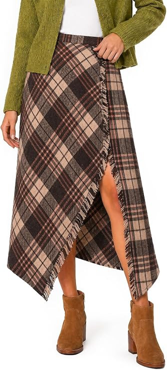 Plaid Skirts for Women Wrap Asymmetrical Hem Tartan Slit Midi Skirt | High Waisted, A Line, Vinta... | Amazon (US)