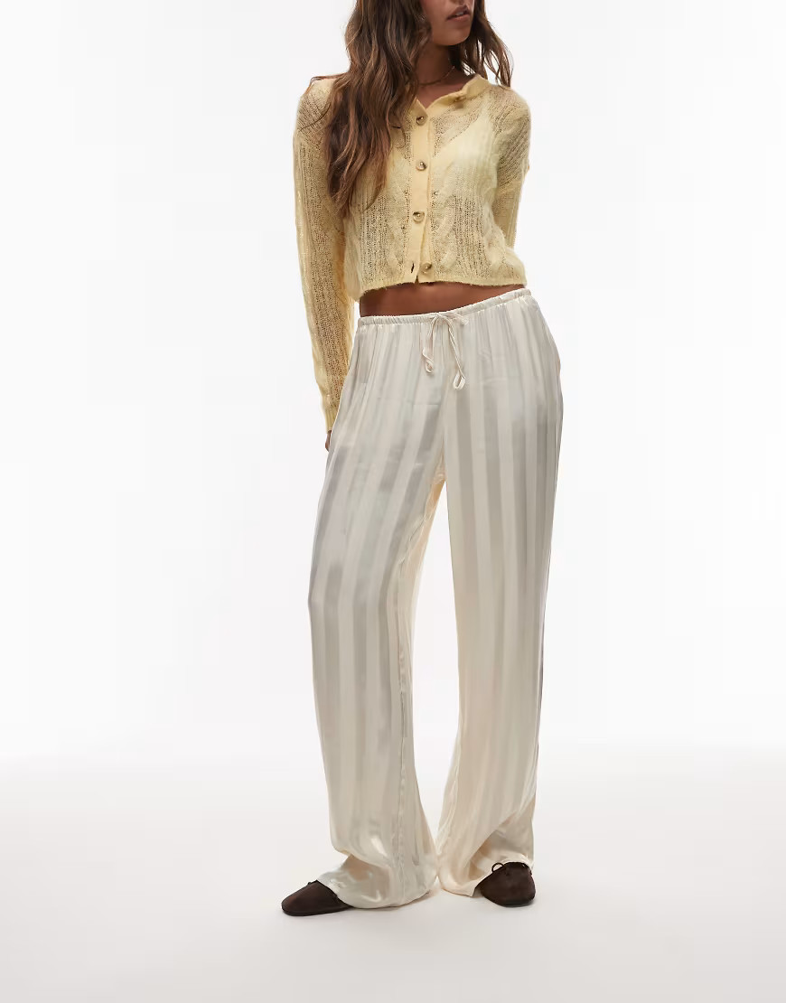 ASOS DESIGN satin wide leg trouser in cream stripe co ord-White | ASOS (Global)