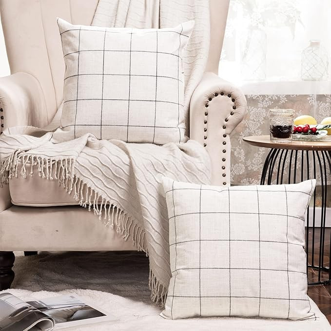 Basic Model Set of 2 Plaid Throw Pillow Covers Modern Farmhouse Decorative Square Linen Pillow Ca... | Amazon (US)