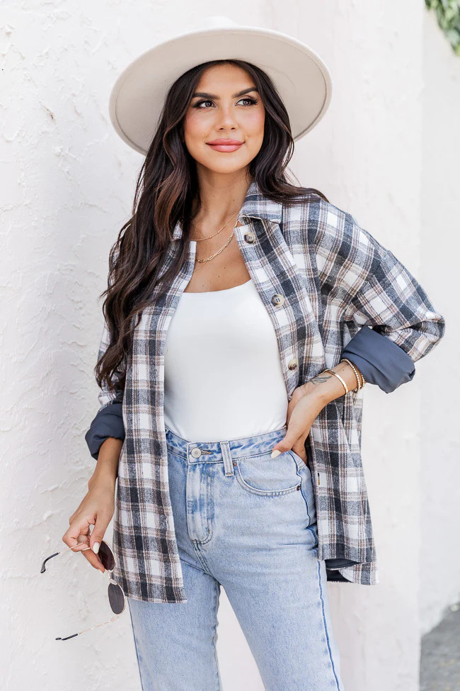 You're All Mine Dark Grey Plaid Shacket | Pink Lily
