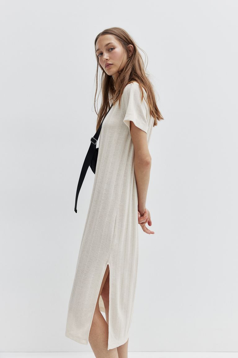 Ribbed Dress - Round Neck - Short sleeve - Natural white - Ladies | H&M US | H&M (US + CA)