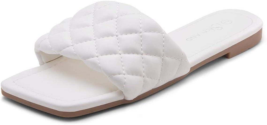 Shoe Land Anisha Women's Square Open Toe Slides Cute Quilted Single Band Slip on Flat Sandals | Amazon (US)