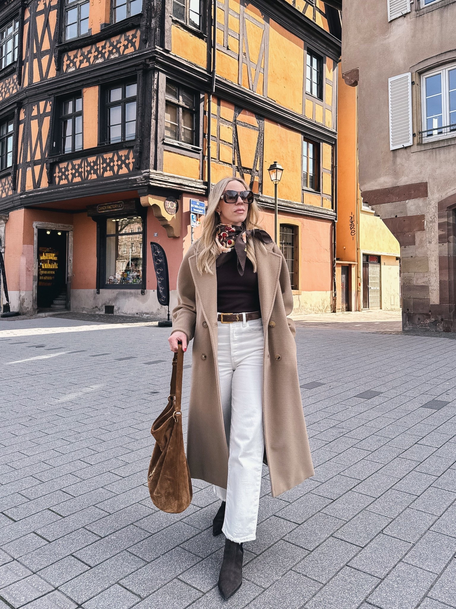 Spring outfit idea with camel coat, white jeans, silk scarf, and brown suede boots, spring handbag, travel style, European vacation look, spring trends 

#LTKSaleAlert #LTKTravel #LTKOver40