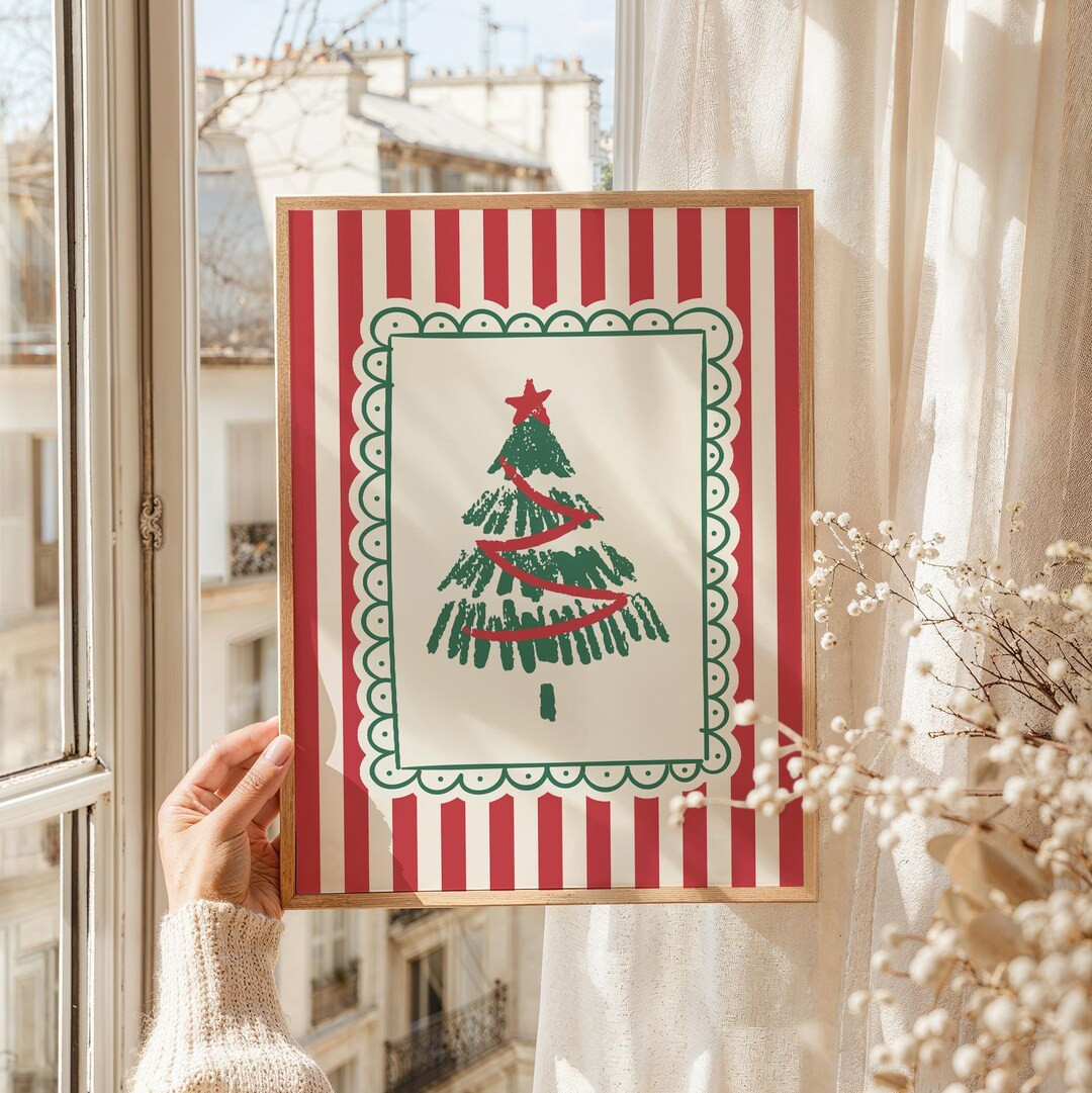 Striped Christmas Wall Art, Digital Art Download, Whimsical Christmas Tree Print, Trendy Holiday ... | Etsy (US)