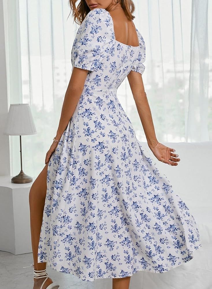 BLENCOT Casual Womens Summer Short Sleeve Square Neck Split Midi Dresses | Amazon (US)