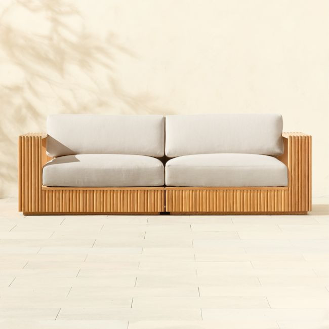 Topia 2-Piece Teak Outdoor Loveseat with White Sunbrella® Cushions | CB2