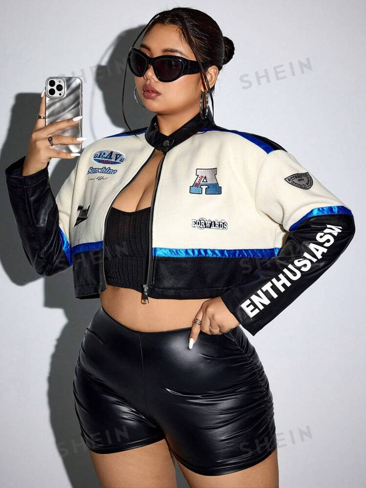 SHEIN ICON Plus Size Motorcycle Style Letter Graphic Colorblock Crop Jacket | SHEIN