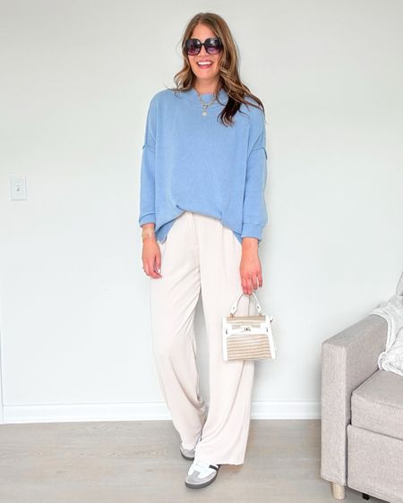 Pinterest inspired look! Long length trouser pants, a blue oversized sweater, Adidas Samba sneakers, a straw mini tote, and gold chunky necklace.

Ootd, amazon fashion, tall friendly outfit, spring outfit idea

#LTKfindsunder50 #LTKshoecrush #LTKstyletip