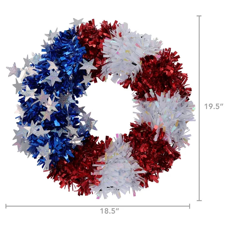 Stars and Stripes Tinsel Wreath, Red/White/Blue, 16", Patriotic by Way To Celebrate | Walmart (US)