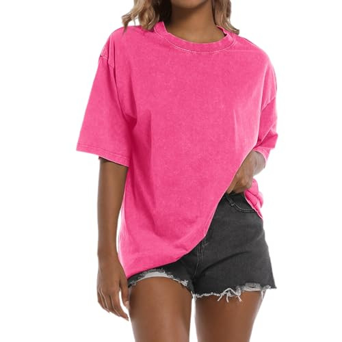 Tuislay Oversized Tshirt Shirts for Women Vintage Acid Wash T Shirt Cotton Casual Baggy Boyfriend Teens Basic Grunge Tees Top (Rose,S,Small) | Amazon (US)