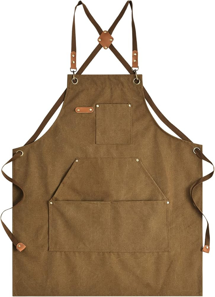 Canvas Aprons for Men Chef Apron, Work Apron with Large Pockets - 16oz Heavy Duty Cross Back, BBQ... | Amazon (US)