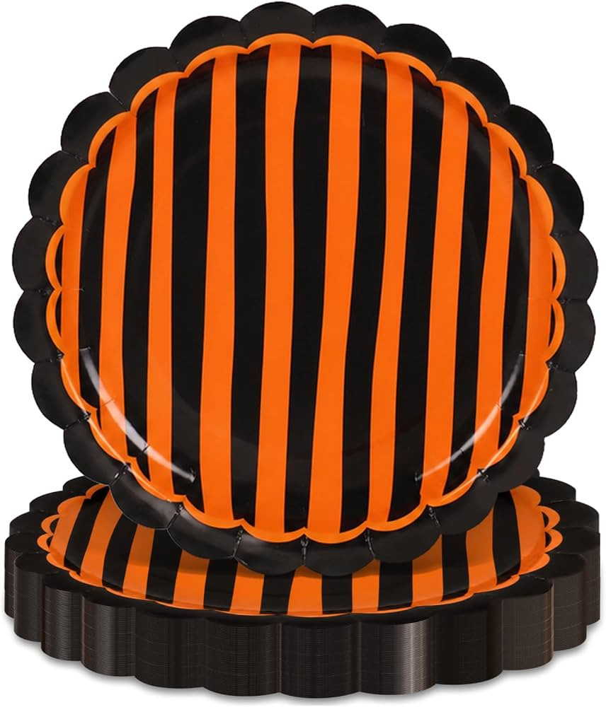 JarThenaAMCS 30Pcs Orange Black Stripe Paper Plates Halloween Scalloped Disposable Plate Striped ... | Amazon (US)