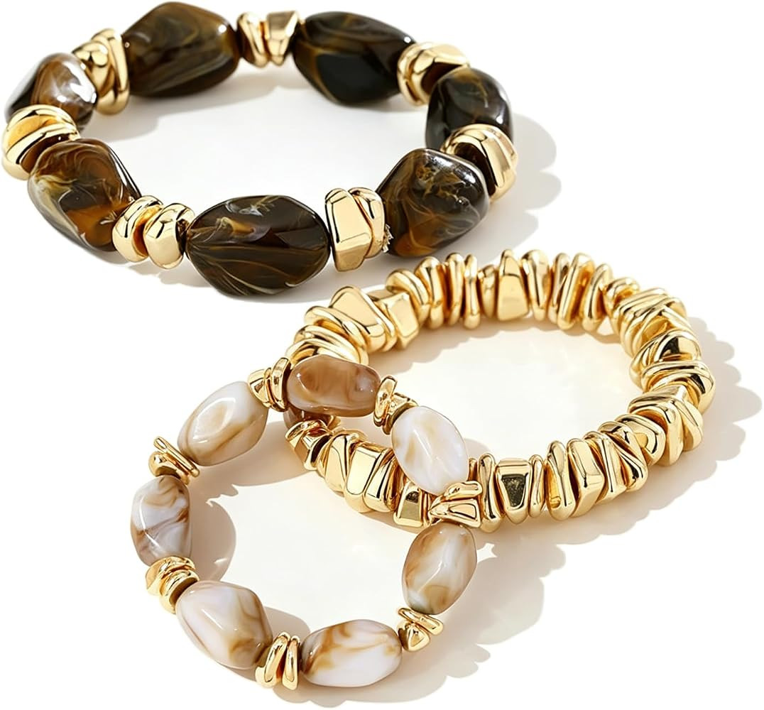 3 Pcs Chunky Beaded Bracelets for Women Boho Brown Acrylic Beaded Bracelets Simple Stretchable Co... | Amazon (US)