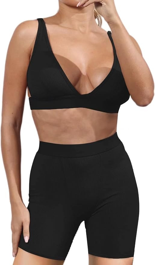 Women's Workout Outfit 2 Pieces High Waist Bodycon Yoga Leggings and Sleeveless Crop Top Gym Clot... | Amazon (US)