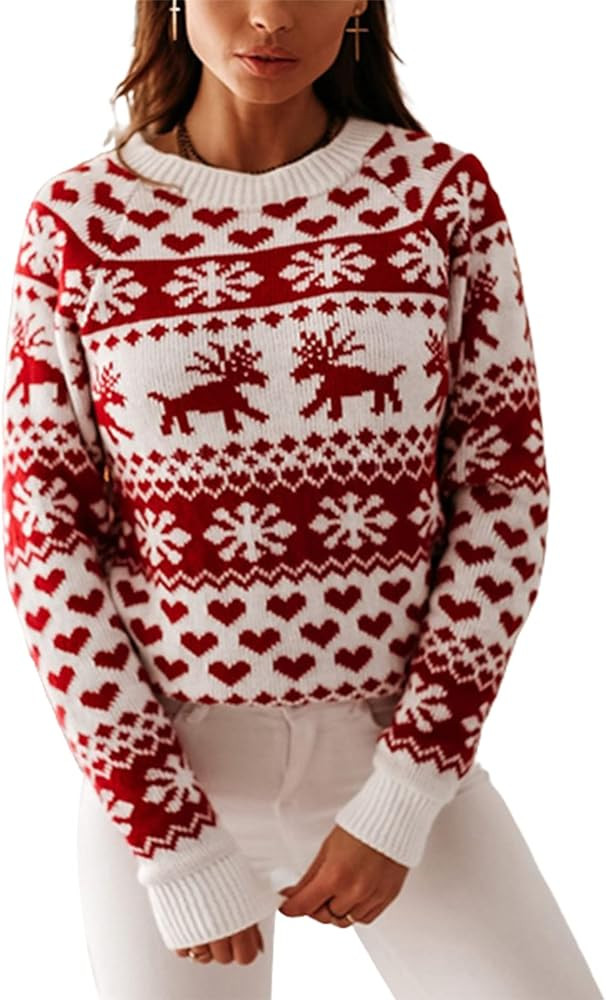 ZAFUL Women's Christmas Snowflake Reindeer Knitted Sweater Long Sleeve Crew Neck Heart Animal Pri... | Amazon (US)