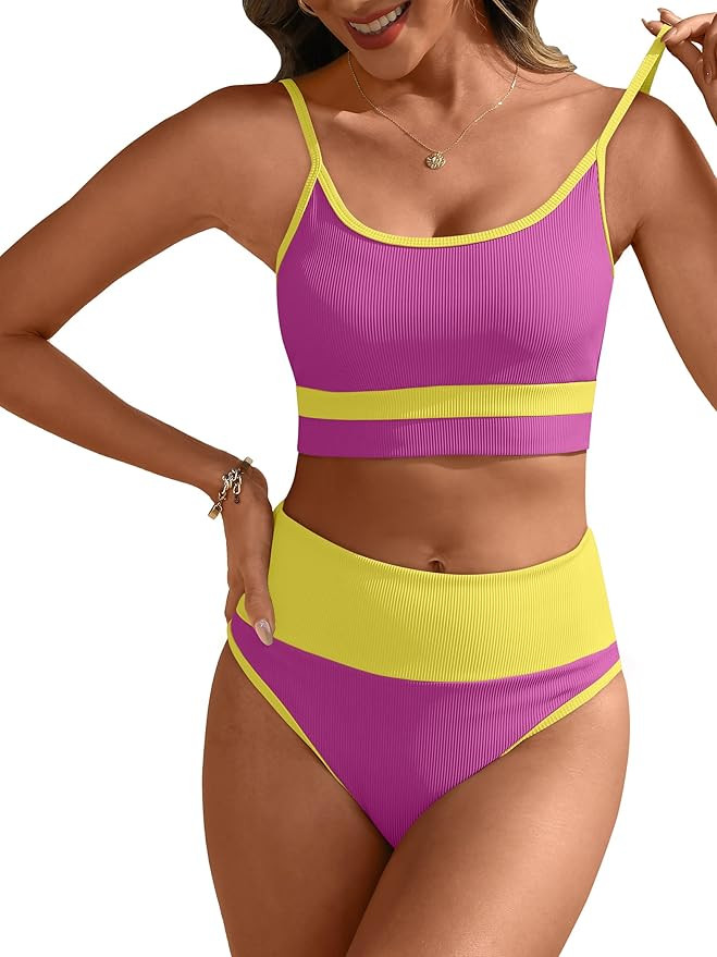 ANRABESS Women High Waisted Bikini Sets Color Block Summer Beach Vacation 2 Piece Bathing Suit Tu... | Amazon (US)