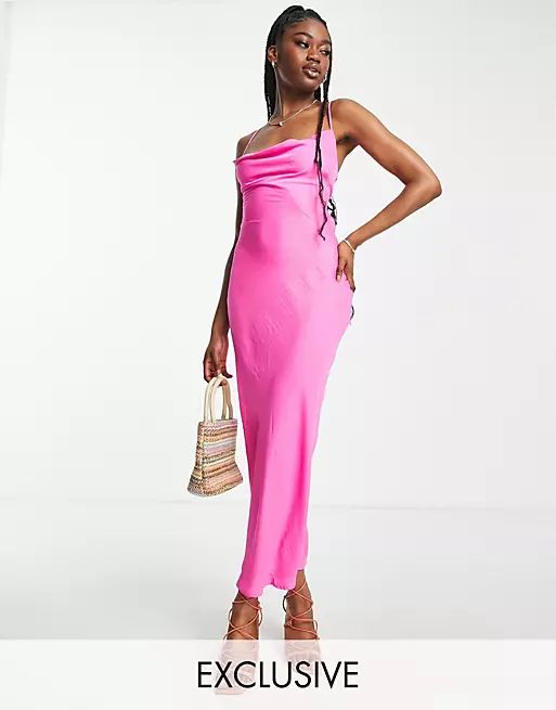In The Style exclusive satin cowl neck midi dress in pink | ASOS (Global)