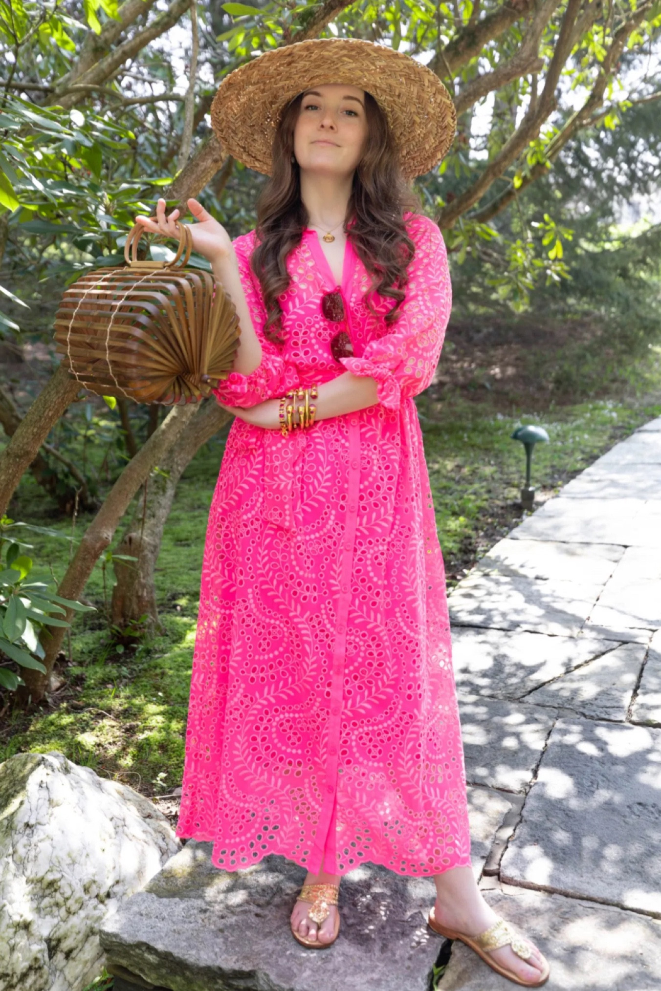 Loving the summer heat in neon eyelet, a wide brim straw hat and basket bag! #maxidress #preppy #summeroutfit #ootd

#LTKstyletip #LTKSeasonal #LTKfindsunder100