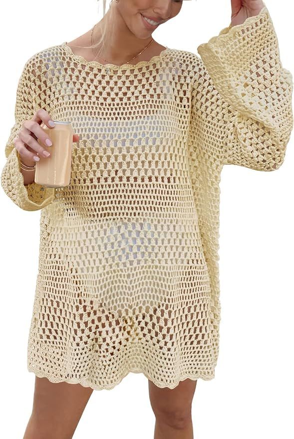 Prinbara Women Swimsuit Crochet Hollow Out Swim Cover Up Bikini Swimwear Knit Mesh Tunic Beach Dr... | Amazon (US)