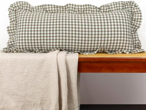 14"x36" Lumbar Pillow Cover, Green Scalloped Cotton Plaid Gingham Ruffle Decor Pillowcase Farmhou... | Amazon (US)