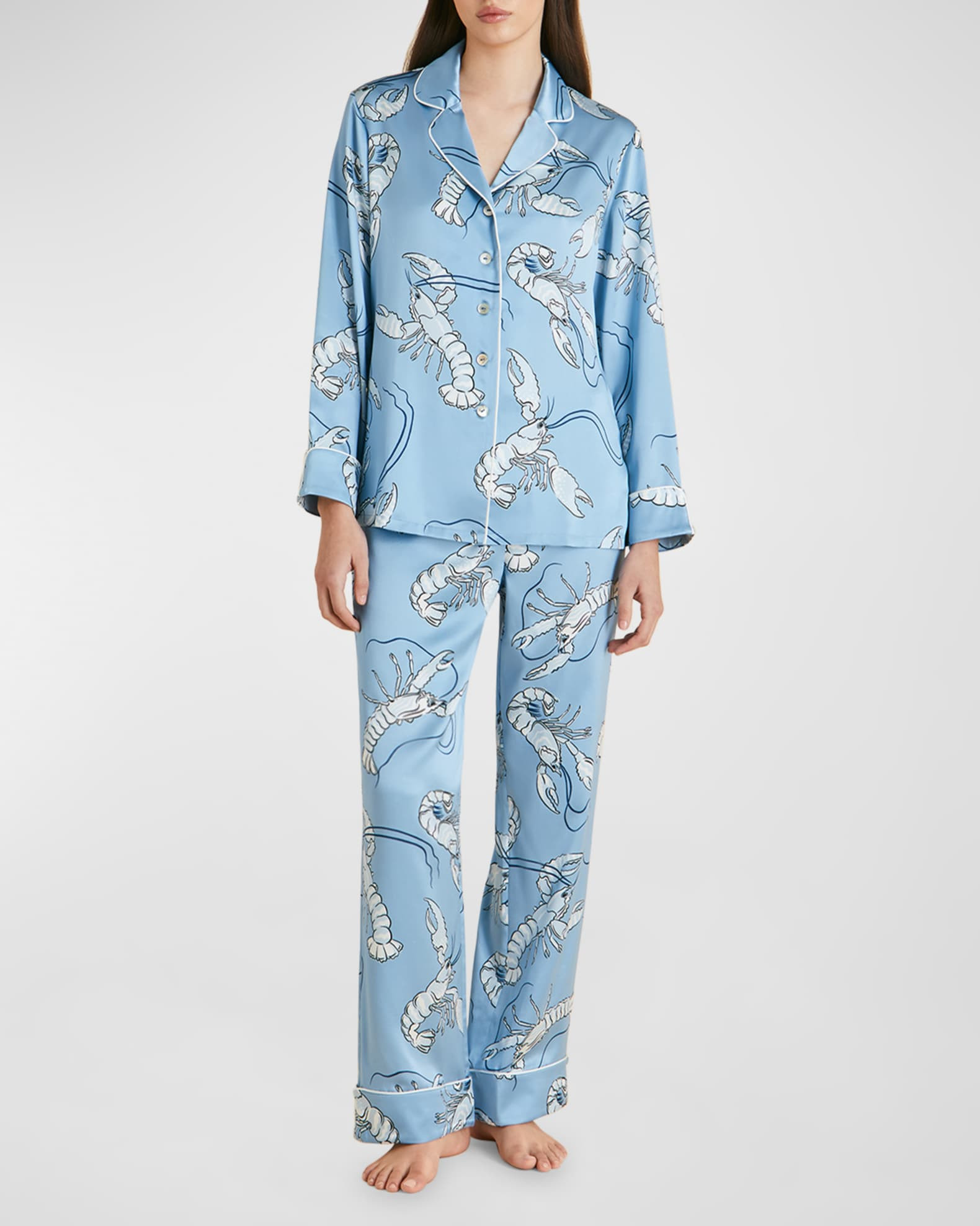 Lila Lobster-Print Silk Pajama Set | Neiman Marcus