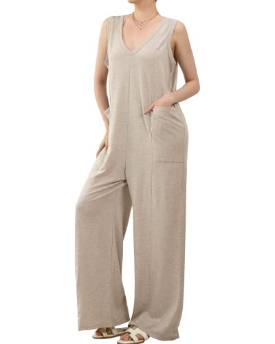 noflik Women's Sleeveless V-Neck Wide Leg Jumpsuits with Oversized Patched Pockets (H.Taupe, XXL) | Amazon (US)