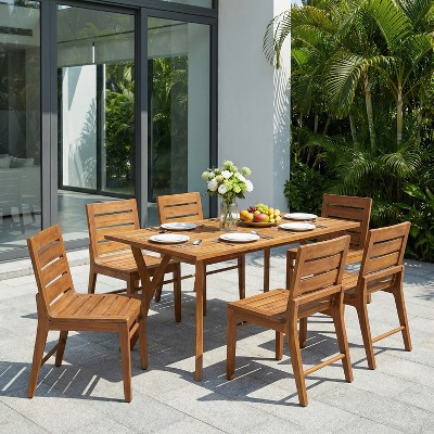 Christopher Knight Home Lorenzo Modern 7 Piece Acacia Wood Dining Set with Slatted Design and Curved Legs, Teak | Target