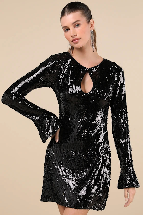 Fabulous Sparkle Black Sequin Cutout Long Sleeve Mini Dress | Lulus