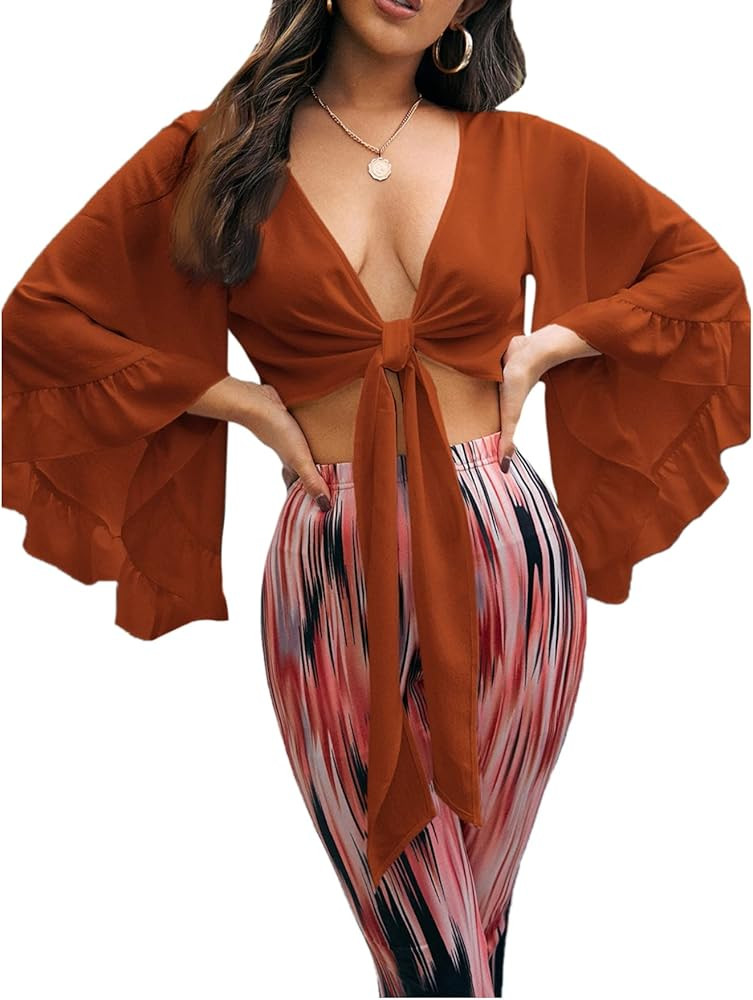 MakeMeChic Women's Deep V Neck Tie Front Ruffle Hem Long Sleeve Crop Top | Amazon (US)