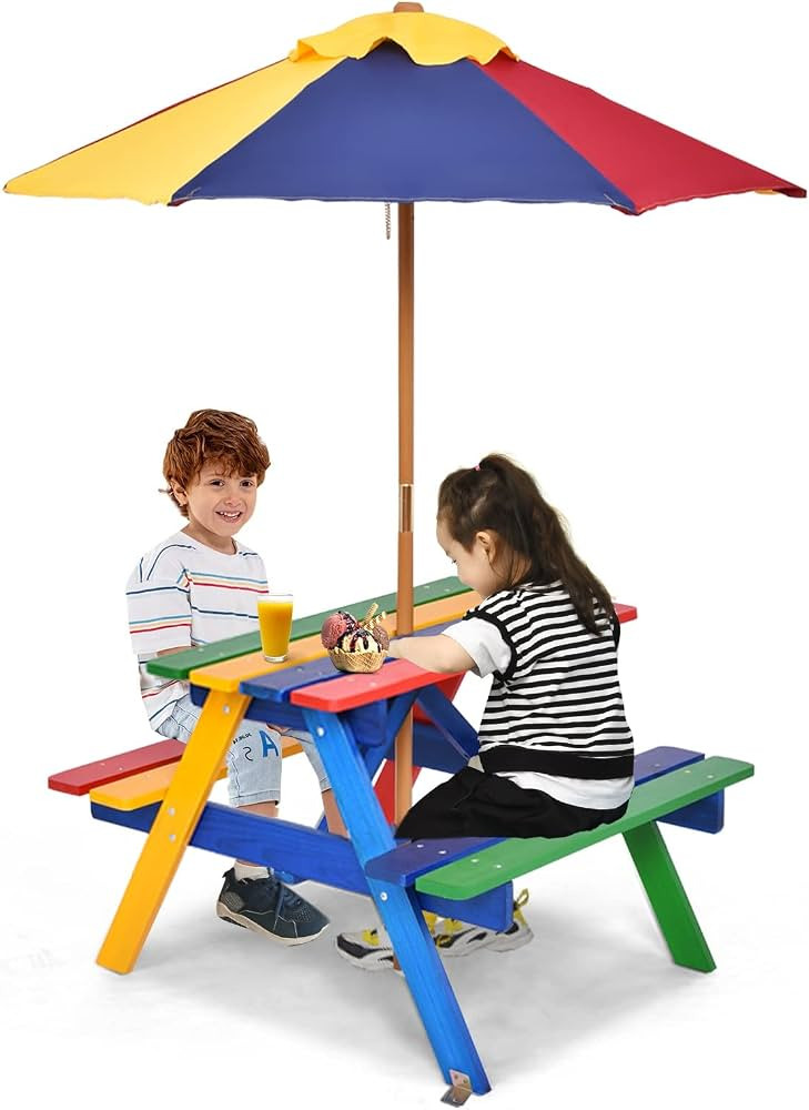 Olakids Kids Picnic Table, Outdoor Toddler Wooden Table and Chair Set with Removable Umbrella, Ch... | Amazon (US)