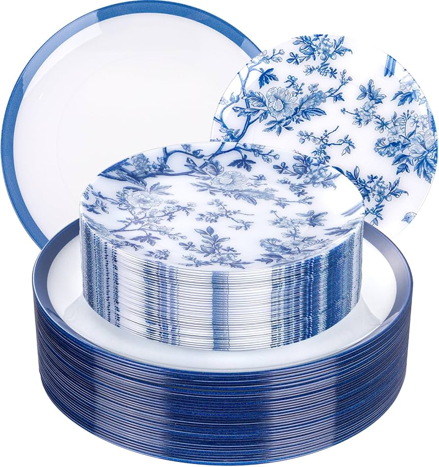 ejonirinjonir 60pcs Blue and White Floral Plastic Plates Fancy for Weddings | Amazon (US)