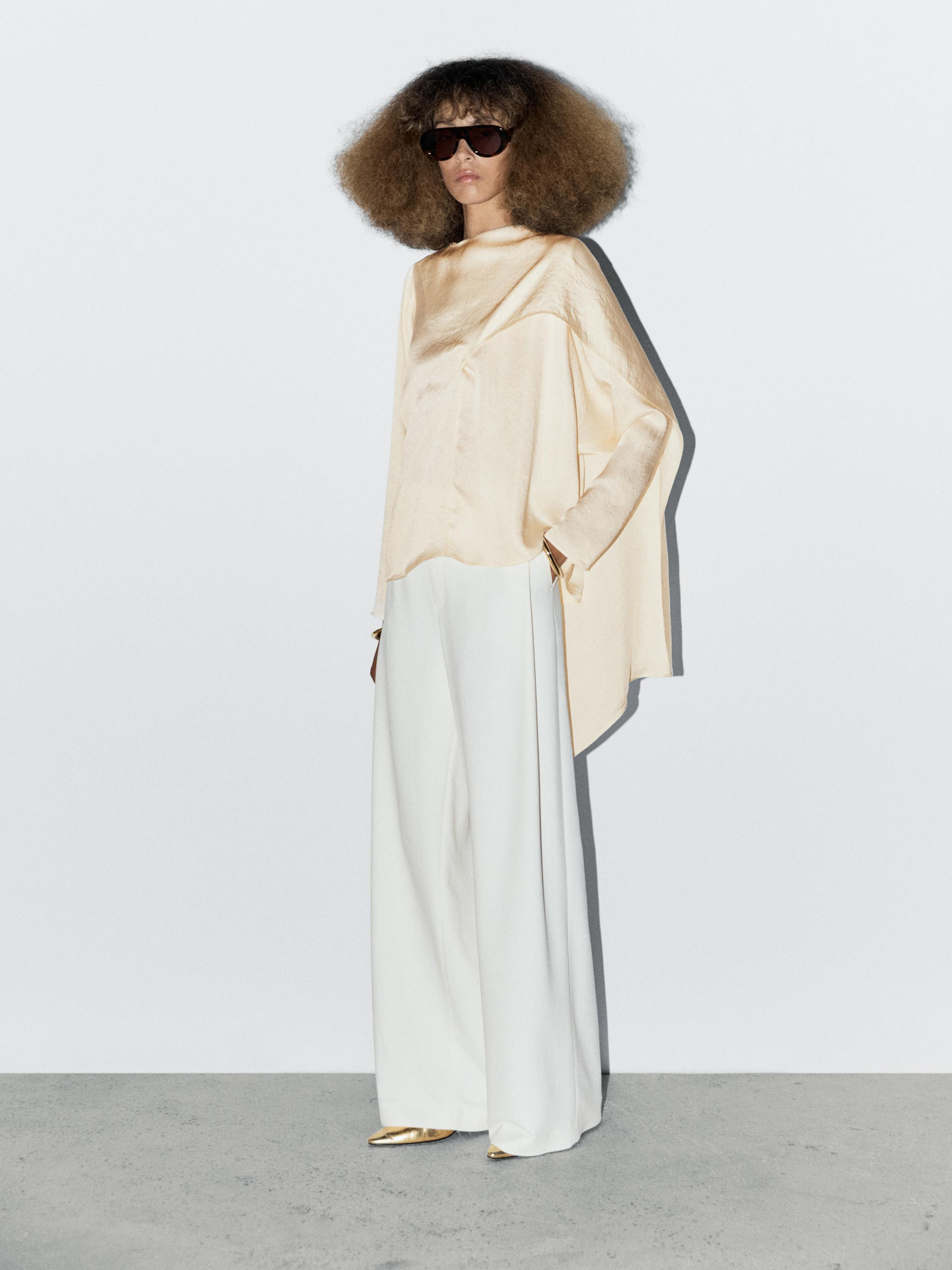 Flowing satin blouse with wraparound collar - STUDIO | Massimo Dutti UK