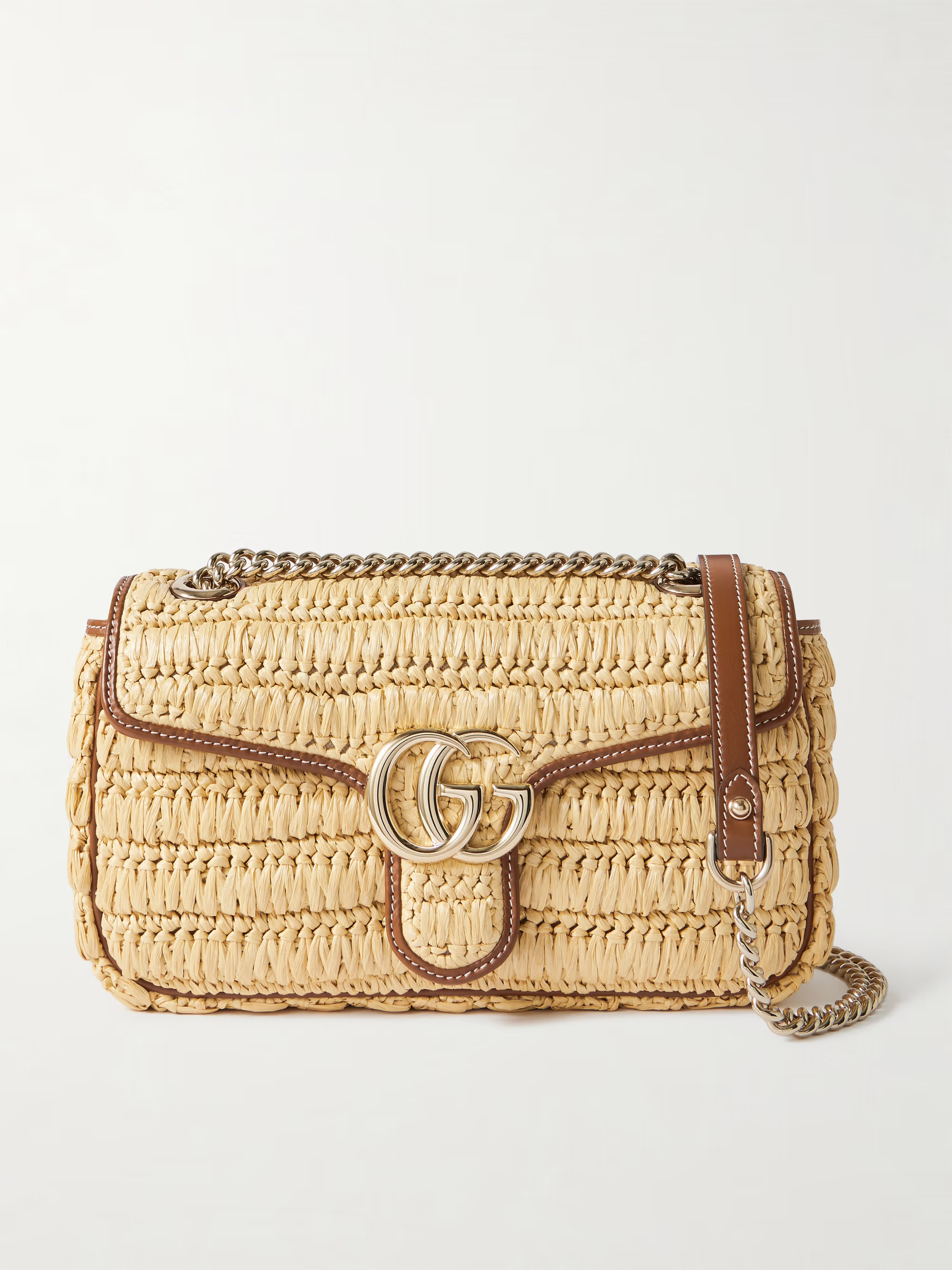 GG Marmont 2.0 leather-trimmed raffia shoulder bag | NET-A-PORTER (UK & EU)