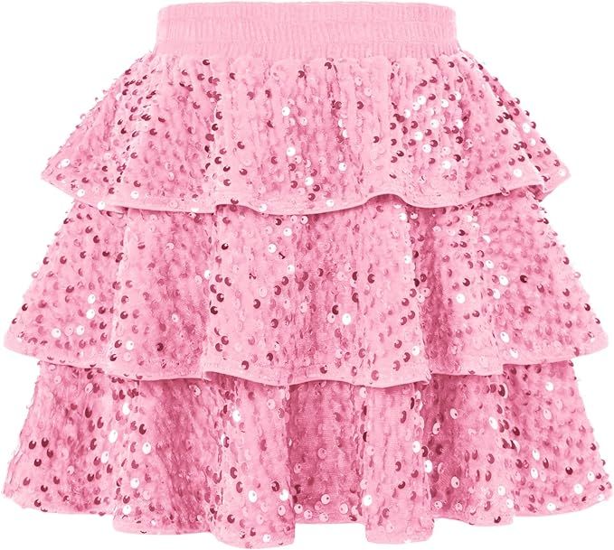 GRACE KARIN Girls Sequin Skirt Girls Fashion Party Three Layer Ruffle Skirt 5-14Y | Amazon (US)