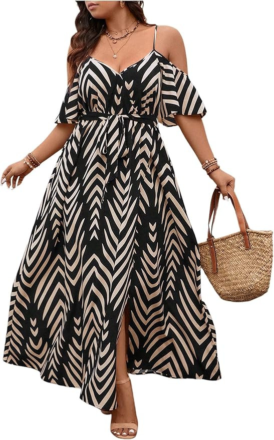 Floerns Women's Plus Size Cold Shoulder Short Sleeve Split Thigh Long Dress | Amazon (US)