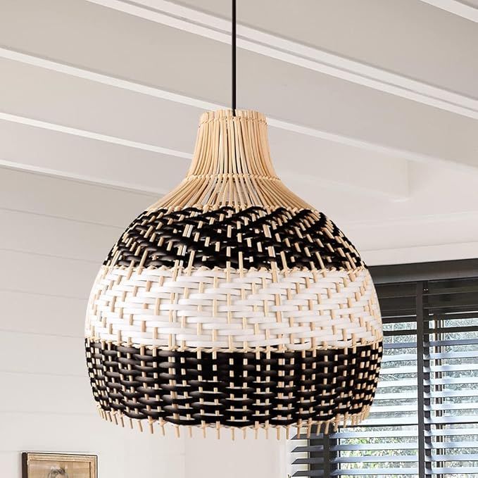 Littleglovo Rattan Pendant Light, Wood Pendant Light Fixtures, Antique Weaving Black White Bamboo... | Amazon (US)