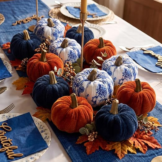 12 Pcs Blue White Orange Pumpkins Thanksgiving Fall Small Fabric Pumpkin Artificial Chinoiserie A... | Amazon (US)
