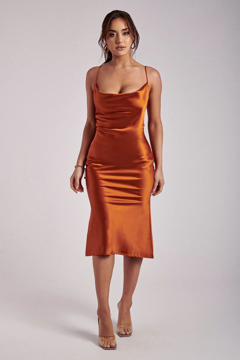 Tabitha Cowl Neck Midi Dress - Burnt Orange | MESHKI US
