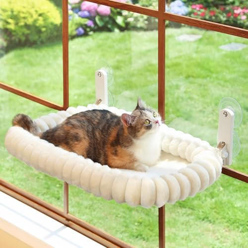 Zakkart SnugCloud Foldable Cat Window Perch - Cordless, Ultra Soft Machine Washable Bed with 4-Sided Bolster, Metal Frame - Window Hammock for Large Cats and Kittens (Cream White, Medium) | Amazon (US)