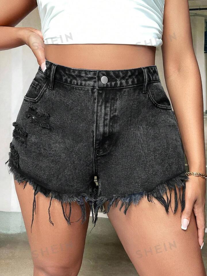 SHEIN SXY Plus High Waist Ripped Raw Trim Denim Shorts | SHEIN