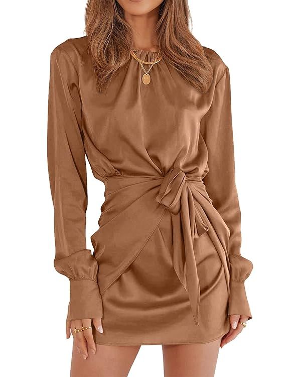 PRETTYGARDEN Women's 2023 Fall Satin Dress Long Sleeve Tie Waist Elegant Cocktail Party Mini Dres... | Amazon (US)